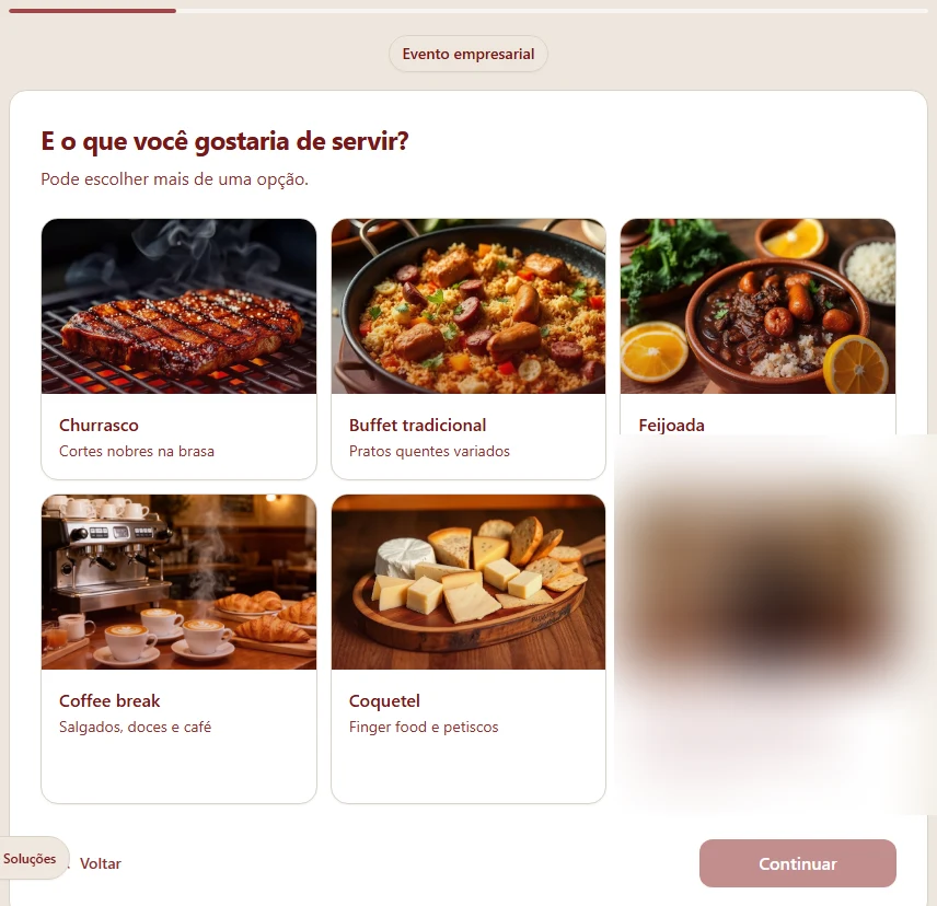 Captura real: etapa de opções de alimentação no configurador