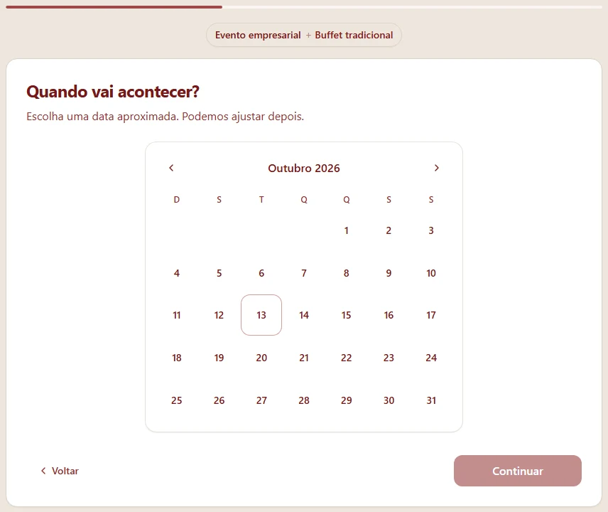Captura real: etapa de data e local no configurador